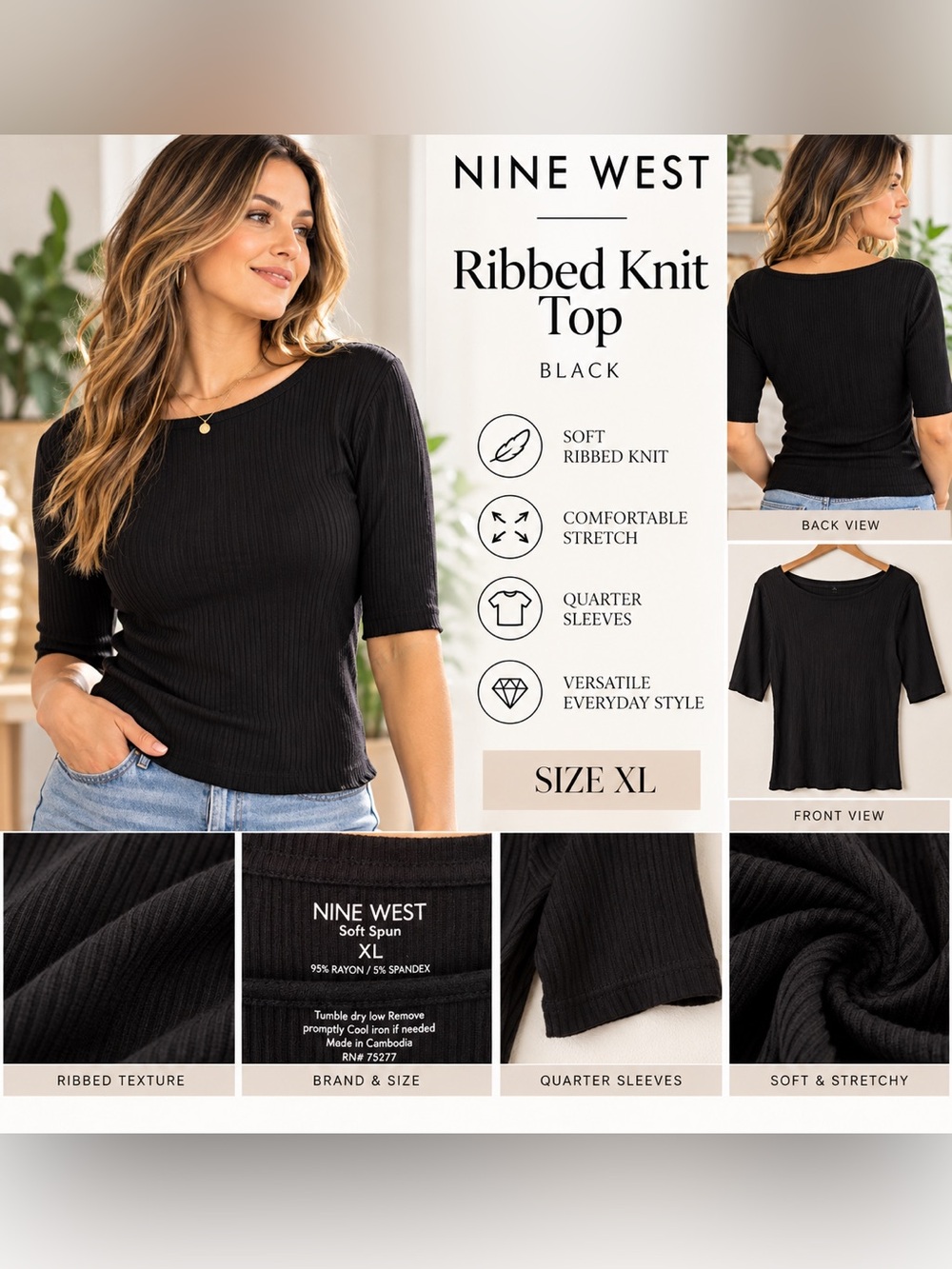 Nine West Ribbed Knit Top - black